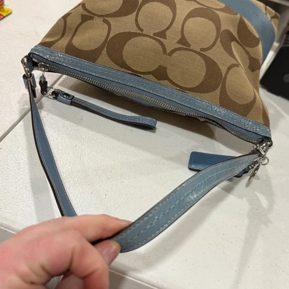 Coach Signature C Tan & Blue Striped Canvas and Leather Shoulder Bag and Wallet - Picture 8 of 17